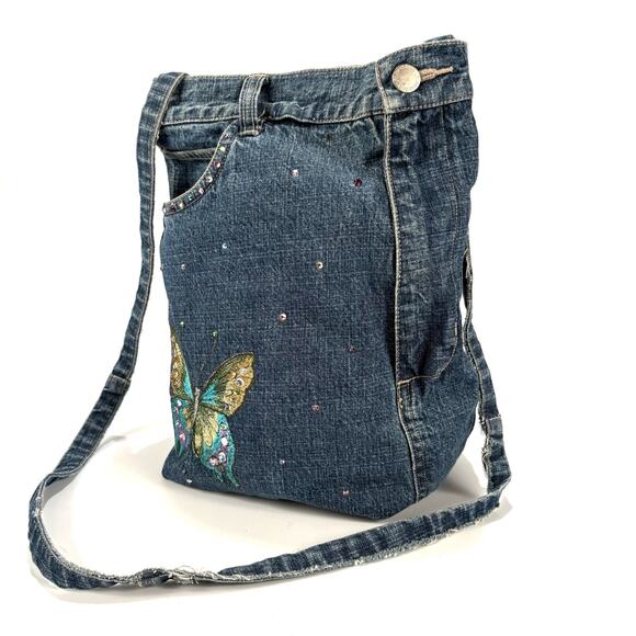 VTG Denim Handbag Bag Embroidered Tote Shoulder Jean Purse BOHO HIPPIE Handmade - Picture 2 of 11